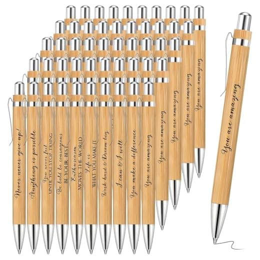 LATERN 30 Pièces Stylos à Bille Inspirants, 14CM Motivation Citations Stylo en Bambou Stylos Rétractables à Encre Noire pour Femmes Hommes Patrons Bureau Fournitures Cadeaux (10 Styles Positifs)