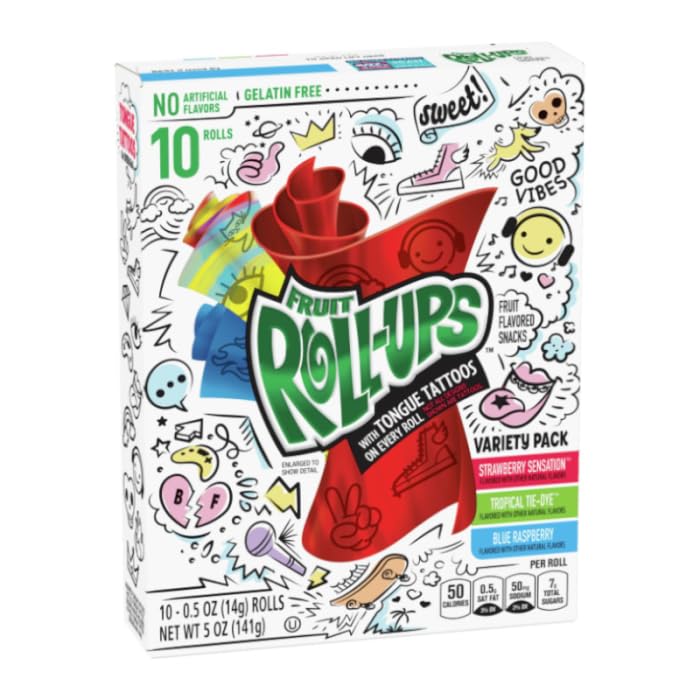 Fruit Roll-Ups Variety Pack with Tongue Tattoos Gummy Stick Rolls By COUGAR | Blue Razzberry, Strawberry Blast & Tropica