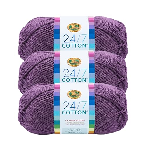 Image of Lion Brand Yarn, 24 /7 Cotton Mercerized Lightweight Yarn for Knitting, Crochet, and Crafts, Purple, 3 Pack, 185 Yards of Natural Fiber for Breathable Tops, Durable Bags, and Easy-Care Dish Cloths | Light Worsted 100% Mercerized Cotton Yarn for Crochet, Knitting, Craft, 185 Yards of Natural Fiber for Tees, Bags, Dishcloths