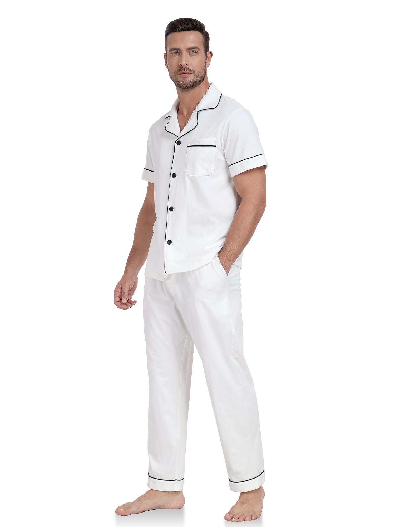 ANLIQI Herren Pyjama-Set 100% Baumwolle Kurzärmelig mit Knopfleiste, Lange Hose mit Taschen, Nachtwäsche Lounge-Wäsche S–XL