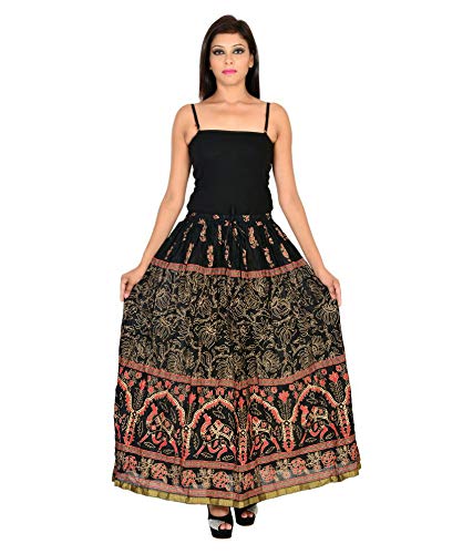 Rangsthali Jupe bohémienne en coton/rayonne pour femme/fille - Taille unique - Élastique avec nœud - Noir - taille libre Cover