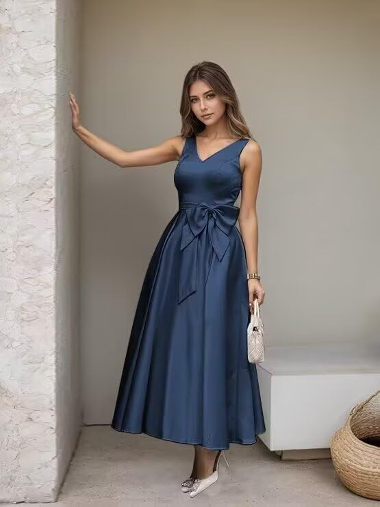 TIRAS Tea Length Mother of The Bride Dress with Pockets Satin V-Neck Sleeveless Formal Evening Dress with Bow CM4623