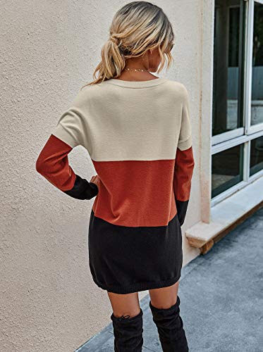 KIRUNDO Women’s 2020 Winter Long Sleeves Mini Sweater Dress Leopard Plaid Print Crew Neck Oversized Long Knit Pullover Tops (Large, Color Block-Black)