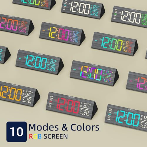 Solid Wood Digital Alarm Clock for Bedroom - 8.8 Inch Large Display, Multicolor Backlight Time Display, Dual Alarms, Date/Temp/Day, DST, Snooze, Black - Image 2
