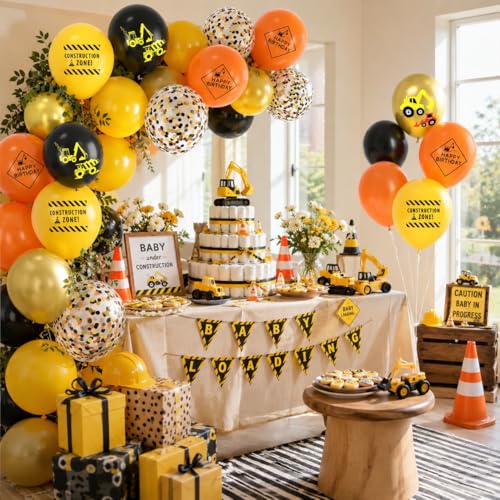 Image of Construction Balloons, 12 Inch Gold Black Yellow Orange Confetti Balloons for Boy Baby Shower Construction Themed Birthday Truck Party Graduation Supplies