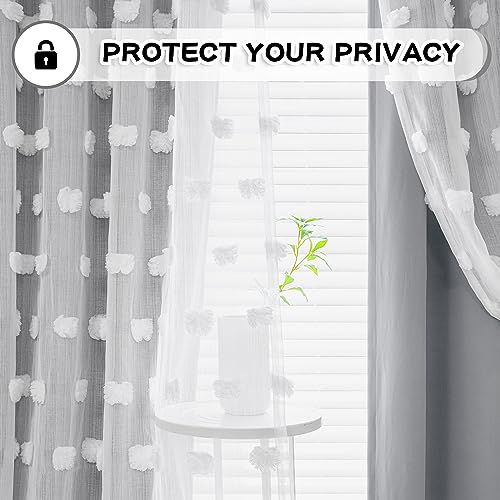 Image of MYSKY HOME 90 Inch Long Grey Curtains for Living Room Double Layer Blackout Curtains for Boys Bedroom White Pom Pom Sheer Curtains for Kids Room Darkening Grommet Top Nursery Window Panels 52 x 90 in