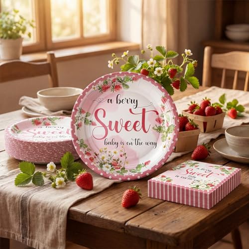 Image of Qinyoung 100 Pcs Strawberry Baby Shower Decorations Strawberry Plates and Napkins a Berry Baby Is on the Way Party Supplies for Berry Babyshower Decorations Picnic Tea Party, Serves 50