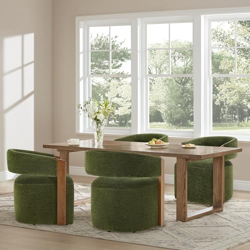 Image of KISLOT Upholstered Dining Chairs with Casters, Modern Barrel Side Armchair with Rollers & Wooden Armrest for Dining Room, Bedroom, Kitchen, Reading Room, Green, Set of 4