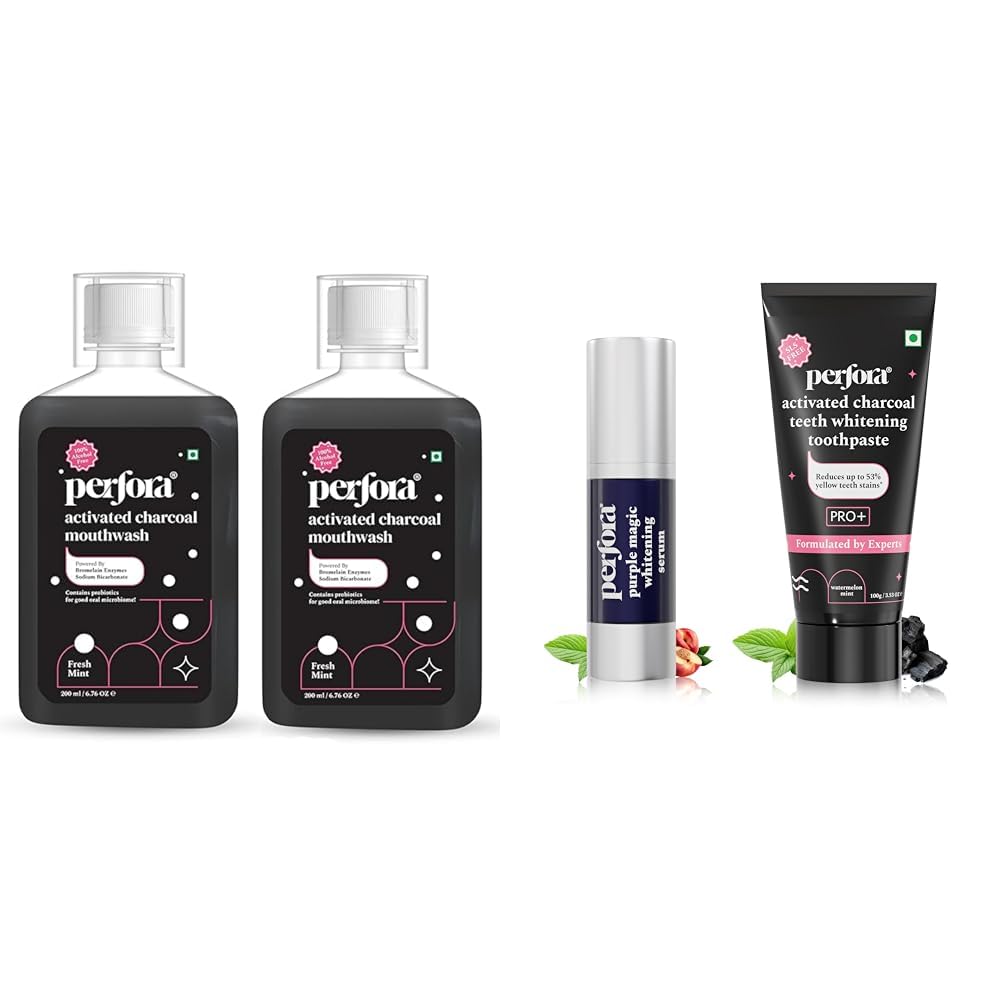 Perfora Activated Charcoal Teeth Whitening Mouthwash - 200ml X 2 | Alcohol-Free Mouth Wash Liquid | Perfora Luminous White Oral Care Combo: Purple Magic Whitening Serum & Charcoal Watermelon Mint SL-image-23