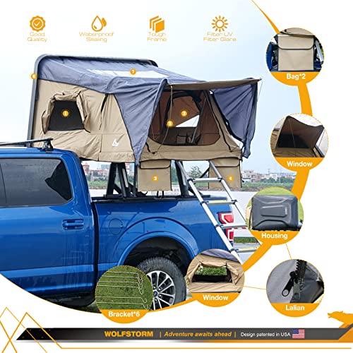 Wolfstorm Car Suv/Trucks Roof Top Fold Camping Bed Tent,Hard Storage Box With Automatic Open Function,Fit Vehicles With Cross Bar,Extension Ladder Include(Large Brown) #TOP7