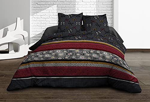 Le Linge de Jules Parure de Couette, Coton, Rouge, Gris, Noir, Safran, Loretta 220 x 240 cm
