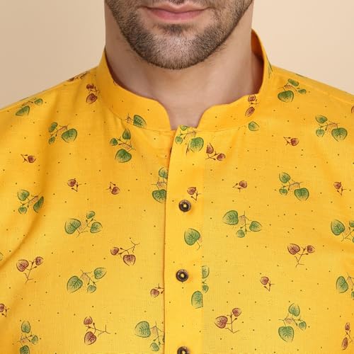 Image of KRAFT INDIA Men's Cotton Blend Geometric Printed Straight Long Regular Kurta and Elastic Waistband Pyjama Set