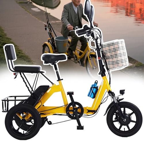 Triciclo eléctrico Plegable para Adultos, Triciclo de Carga de 350 W con Ruedas de 14 Pulgadas, batería extraíble de 48 V, cestas Dobles, Carga máxima de 180 kg.