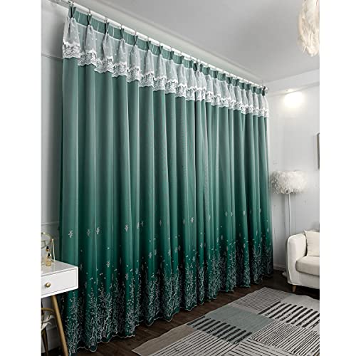BODHIS Gray Double Layer Blackout Curtain,Blackout Mix Match Voile Lace Embroidery Layered Solid Pencil Pleat Curtain Panel (Lake Blue W100*H250cm)