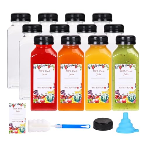 Feriany 12 Botellas de Jugo de Plástico de 12 Oz con Tapones a prueba de manipulaciones, Recipientes de Jugo Transparentes Reutilizables con Etiquetas, Embudo y Cepillo