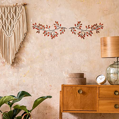 Image of Hotop 2 Pieces Metal Tree Leaf Wall Decor Vine Olive Branch Leaf Wall Art Wrought Iron Scroll Sculptures Above the Bed, Living Room, Outdoor Decoration(Classic Style,Rusty Color)