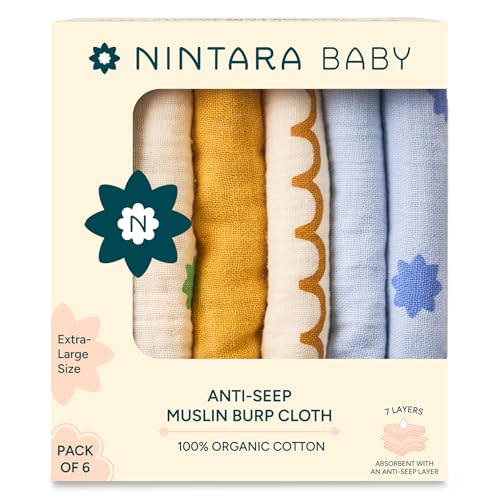 Image of NINTARABABY Anti-seep Burp Cloths - 100% Organic Muslin Cotton, 7-Layer Absorbent & Waterproof, Extra-Large (22" x 12”), Soft & Hypoallergenic, Multipurpose Baby Essentials for Newborns, Pack of 6