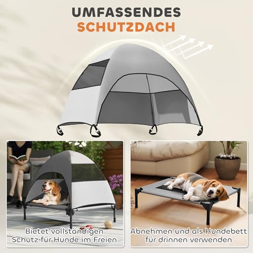 PawHut Hundeliege Outdoor mit Dach, Erhöhtes Hundebett für Mittelgroße Hunde, Kühlendes Haustierliege mit Waschbares Mesh Stahlrahmen Tragtasche, Haustierbett für Draußen Camping 76x61x71cm, Hellgrau