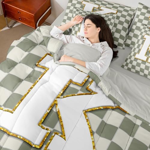 Image of Erosebridal Sage Green Checkered Full Comforter Set with Sheets 7 Piece Plaid Initial K Bed in A Bag Personalized Monogram Bedding Sets for Kids Adults,Fashion Grids Gingham Bed Set
