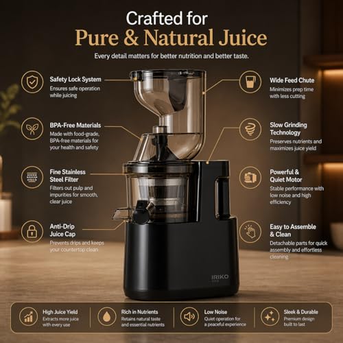 Image of IRIKO Cold Press Juicer, Slow Juicer with Wide Feed Chute, BPA-Free, Stainless Steel Filter, Safety Lock, Low Noise, Easy to Clean,