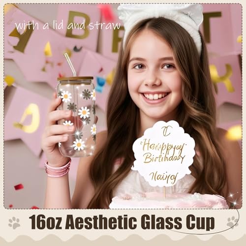 Birthday Gift for Teen Girls, Happy Birthday Box for Girl, Cute Preppy Stuff for Tween Girls, Christmas, Cute Daisy Aesthetic Glass Cups Tumbler Teen Gals Gifts Set 8pcs3