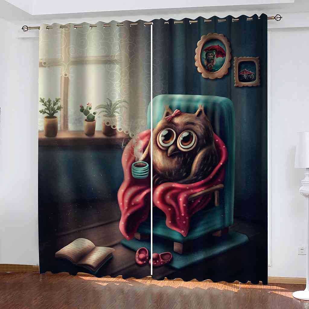 Rideau occultant à oeillets hibou de dessin animé pour chambre d'enfants lot de 2