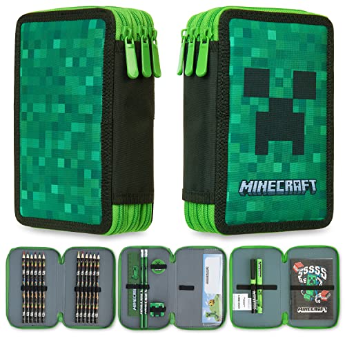 Minecraft Estuche Escolar con Material Incluido, Estuche Compartimentos Niño Niña Gamer Regalos Originales para Niños Colegio Estuches Escolares con Cremalleras Niño (Verde Creeper)