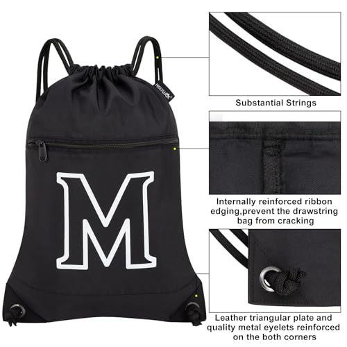 Image of HOLYLUCK Drawstring Bags Initial Backpack Sackpack Cinch Bags for Sports, Gym, Travel, Beach (Black-M)