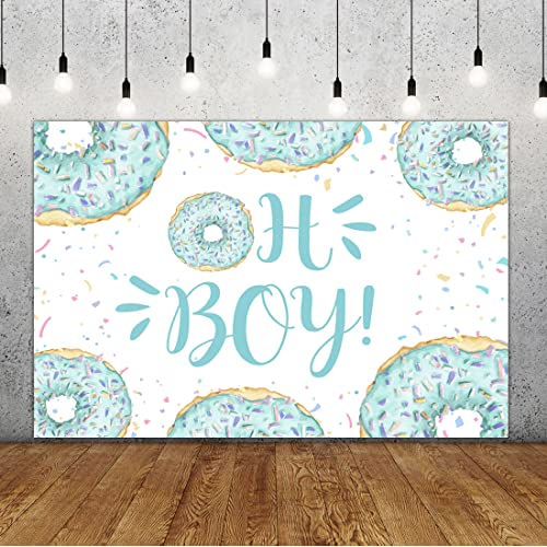 Image of Lofaris Oh Boy Backdrop Baby Shower Blue Green Donut for Boy Party Colorful Dots Confetti Photography Backdrop Kids Boy Sprinkle Birthday Cake Table Banner Decorations Supplies Photo Booth Props 5x3ft