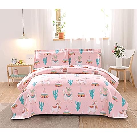 Ycosy Kids Girls Alpaca Cactus Quilt Set Twin Size Llama Bedding Lightweight Animal Cartoon Bedspread Coverlets All Season Bedding Set ，1 Quilt and 2 Pillow Shams Cover