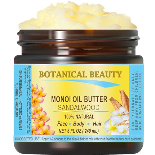 Botanical Beauty MONOI OIL BUTTER SANDALWOOD Pure Natural Virgin Unrefined RAW 8 Fl. Oz.- 240 ml for FACE, SKIN, BODY, DAMAGED HAIR, NAILS