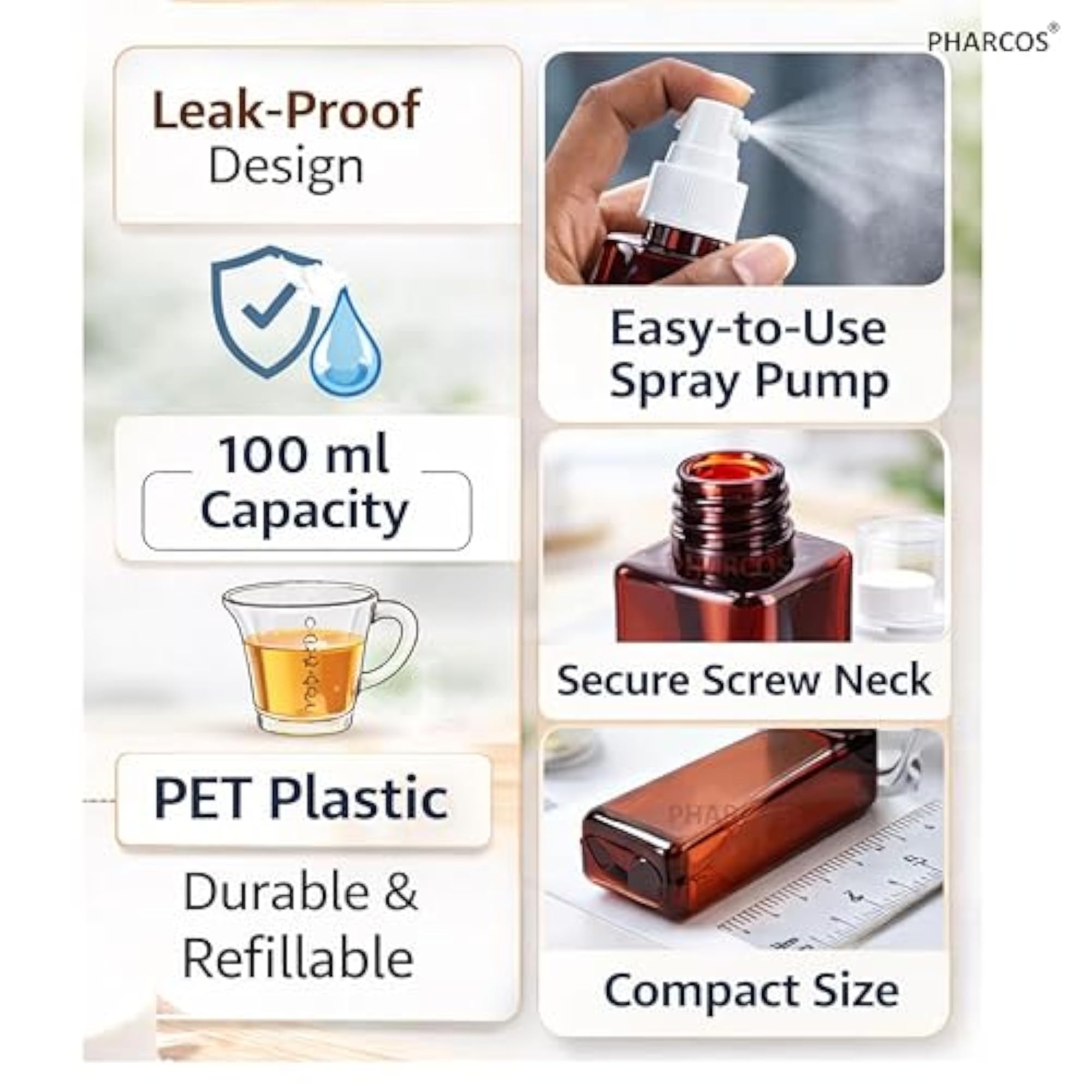 Refillable Empty Brown Spray Bottle 100ML, Leak Proof