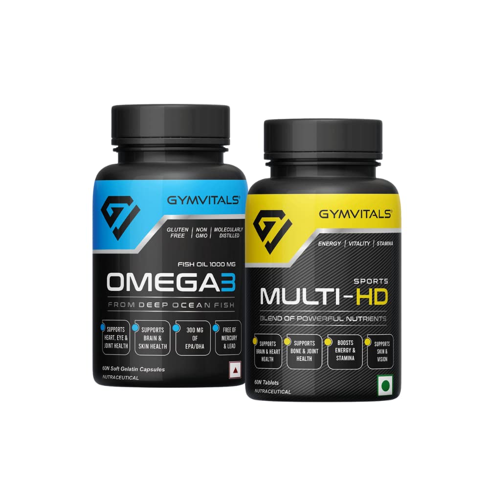 Gymvitals Combo Pack of Omega 3 Fish Oil 1000mg Softgel Capsule 180/120, EPA/DHA, 60 Softgels with Sports Multi-HD One Daily Multivitamin, 60 Tablets, to Boost Strength, Stamina, Energy