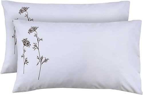 Funda de almohada súper suave, microfibra cepillada, elegante funda de almohada bordada, tamaño estándarqueen blanco, juego de 2 fundas de almohada