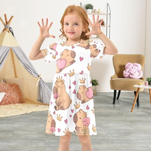 Girls' Summer Dress Short Sleeve Capybara Crown Heart Pattern Casual Dress Princess Dresses4