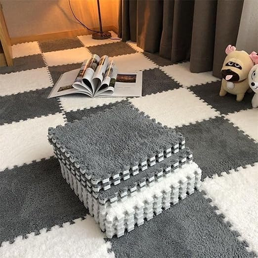 Plush Velvet Interlocking Floor Mat, Grey and White Checkered Pattern, Soft Foam Puzzle Tiles, 6 Pack Set