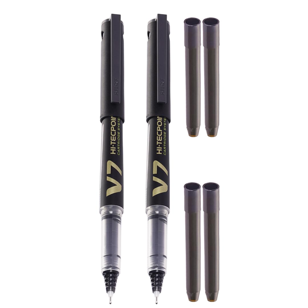 V7 Hi-Tecpoint Roller Ball Pen with Cartridge System - 2 Black Pens, 4 Black Cartridges, (9000021856)