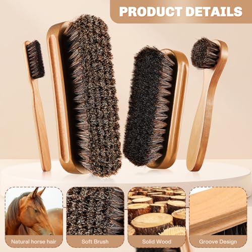 Image of 4 Pcs Horsehair Shine Shoes Brush Kit Polish Dauber Applicators Cleaning Leather Shoes Boots Care Brushes Suede Cleaner Brush with Microfiber Shoe Cloth(Wooden Style A)