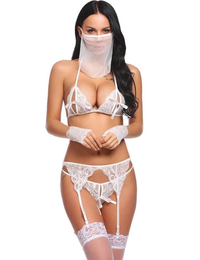 ssoshhub SoSh Women Babydoll Lingerie for Honeymoon Special Night Hot Occasion with Bra Panty, mask, G-Thong and Gloves (White1)-picture-28