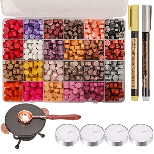 728Pcs Wax Seal Stamp Kit, WEWINK PLUS Sealing Wax Beads Set with Wax Stamp Warmer, Melting Spoon, 4Pcs Candles and 2Pcs Metallic Pens for Vintage Envelopes Letters Crafts and Decoration, 24 Colors