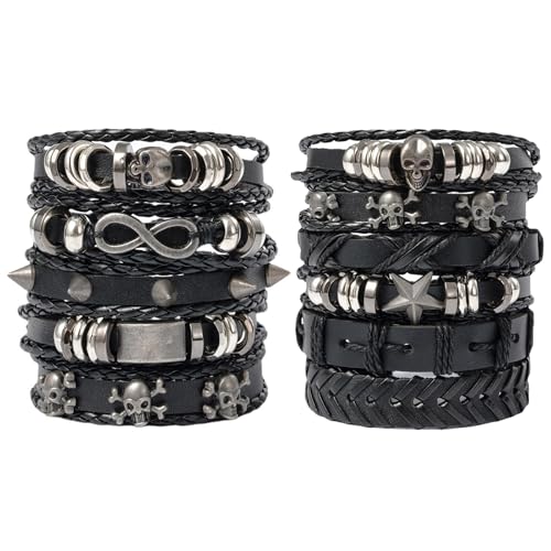 BDSHUNBF 2 Set Bracelets en Cuir Noir et Tressé Réglable pour Hommes et Femmes