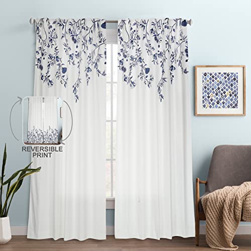 Image of Tranquebar Curtain Co. Cotton Curtains 9 Feet Long Set of 2, 60-65% Room Darkening, Blue Floral Print, 9 Feet Curtains Set of 2, 9 Feet Curtains Set of 2, BackTab Loops, Eden (274 cm) - Set of 2