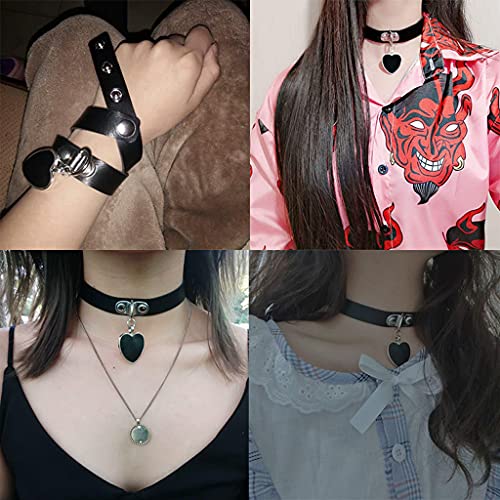 Conruich 4 Stück Leder Choker Damen Herz Anhänger Choker Einstellbar PU Leder Halskette Set Metall Ring Halsband Schwarz Punk Rock Gothic Halsband Kragen mit Kreis Herz für Frauen Zubehör