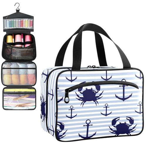 YNNALE Sewing Supply Organizer Bag, Blue and White Striped Crab Anchor Portable Sewing Bags with Pockets&Hanger, Sewing Storage Box Case for Sew Supplies/Kit/Tools/Accessories (BAG ONLY)