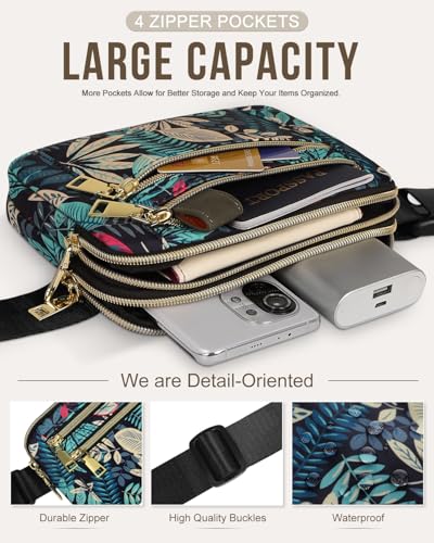 Image of Fanny Packs for Women 4 Zip Pocket Crossbody Belt Bag Waist Bags | Waterproof, Fashion Waist Pack, Crossbody Bags for Women, with Adjustable Strap, for Workout,Running,Traveling(Blue Leaves,M)