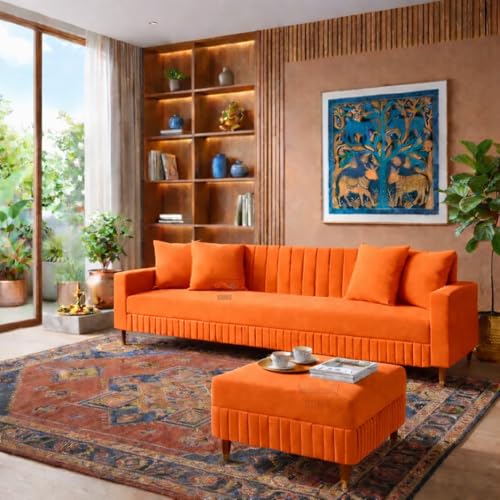 Image of SRMS Solid Wood 4 Seater L Shape Velvet Fabric Sofa Set with Four Cushions | Perfect for Home Office Guests Living Room | Sofa Set for living Room | 74 x 32 x 30 inches | Orange