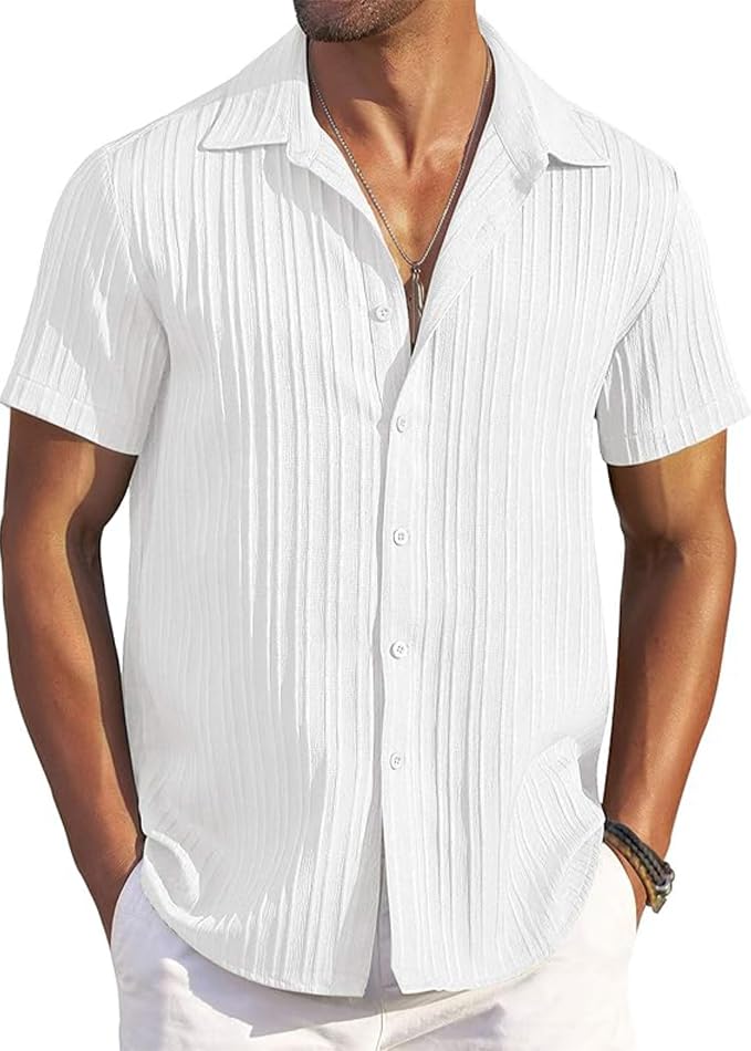 CB-COLEBROOK Men’s Casual Button Down Soft Linen Shirts Short Sleeve Textured Summer Beach Shirts for Men