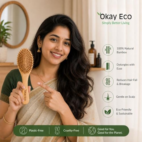 Image of Bamboo Paddle Hair Brush Combo Regular & Oval Shape Natural Gentle Detangling EcoFriendly Hair Care Tool