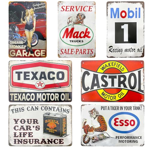 Set di 7 cartelli decorativi in metallo, 20 x 30 cm, in stile retrò, per auto, bar, benzina, moto, in metallo, decorazione in metallo
