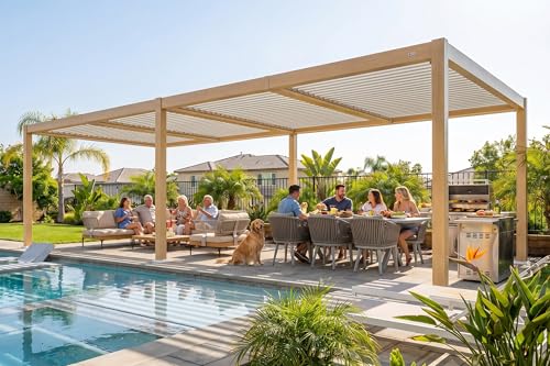 PURPLE LEAF 11' x 28' Louvered Pergola Outdoor Wood Grain Aluminum Large Pergola with Adjustable Roof Retractable Patio Rainproof Hardtop Gazebo for Deck Backyard Garden